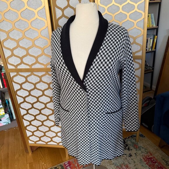 Lands End Size XL 18 Black & White Houndstooth Shawl Collar Long Cardigan Jacket - Picture 13 of 15